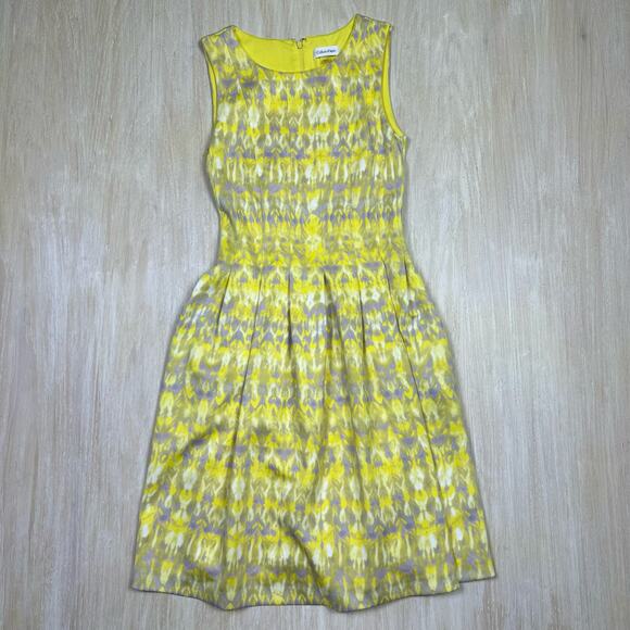Calvin Klein Yellow Multicolor Sleeveless Summer Cocktail Lined Dress Size 2 - Picture 1 of 15